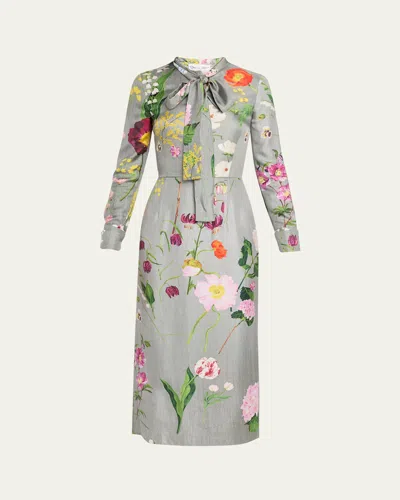 Oscar De La Renta Long-sleeve Mixed Botanical Silk Scarf-neck Midi Dress In Grey Multi