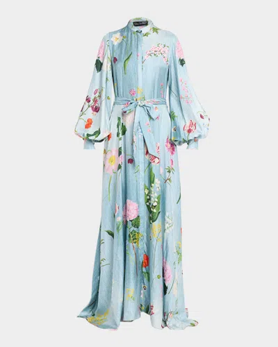 Oscar De La Renta Long-sleeve Mixed Botanical Silk Twill Belted Maxi Dress In Blue