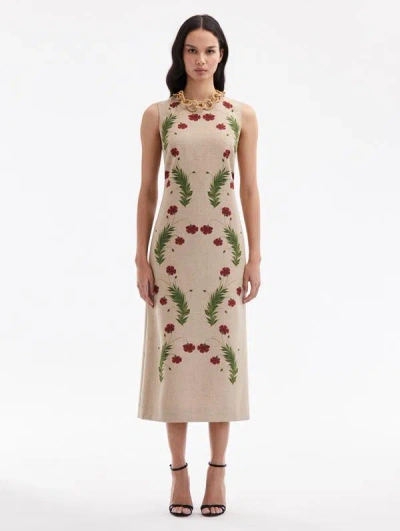 Oscar De La Renta Marbled Carnation Canvas Pencil Dress In Linen/red