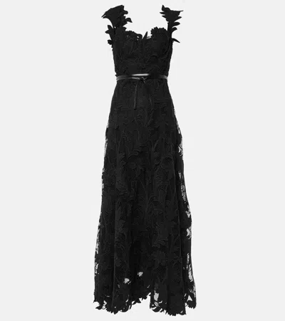 Oscar De La Renta Marbled Carnation Guipure Lace Bustier Gown In Black
