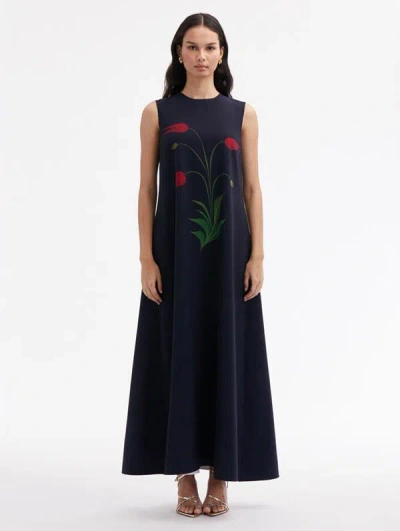 Oscar De La Renta Marbled Tulip Maxi Dress In Navy/red