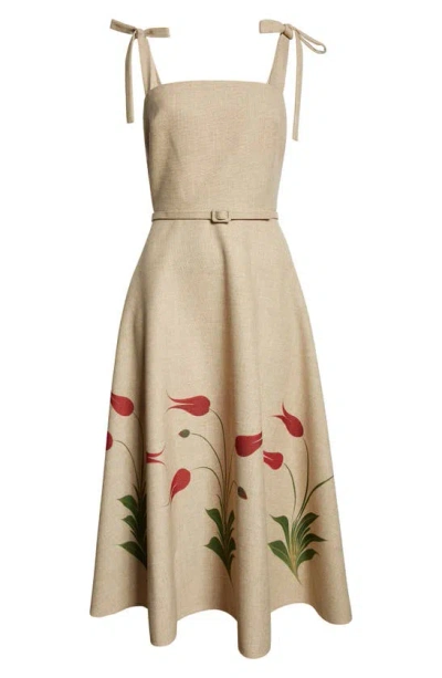 Oscar De La Renta Tulip-printed Canvas Midi Dress In Tan