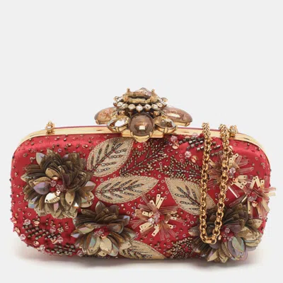 Oscar De La Renta Metal Frame Embellished Red Satin Clutch