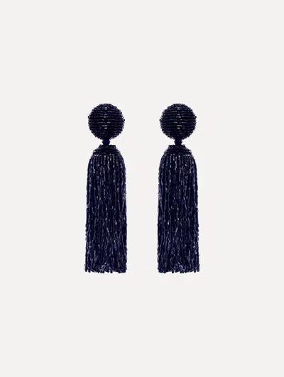 Oscar De La Renta Metallic Beaded Tassel Clip-on Earrings In Blue