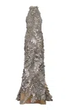 Oscar De La Renta Metallic Embroidered Tulle Gown In Silver