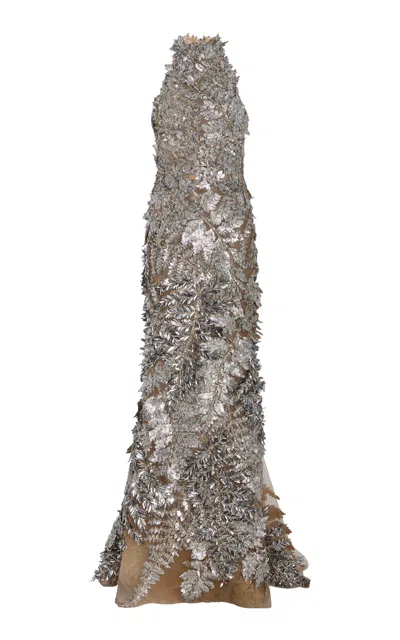 Oscar De La Renta Metallic Embroidered Tulle Gown In Silver