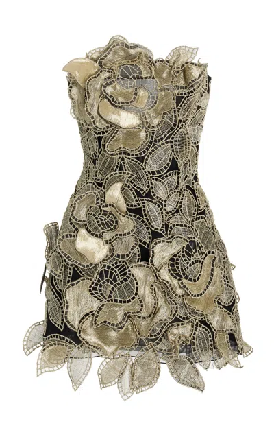 Oscar De La Renta Metallic Embroidered Tulle Mini Dress In Gold