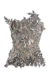 Oscar De La Renta Metallic Embroidered Tulle Top In Silver