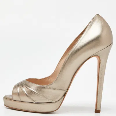 Oscar De La Renta Metallic Gold Leather Peep Toe Platform Pumps