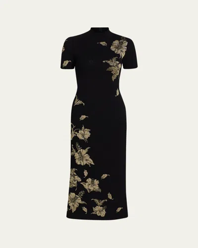 Oscar De La Renta Metallic Hibiscus Flower Knit Short-sleeve Midi Dress In Black