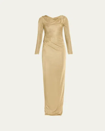 Oscar De La Renta Metallic Jersey Cowl-neck Long-sleeve Gown In Gold