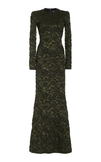 Oscar De La Renta Metallic Orchid Gown In Olive