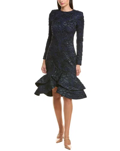 Oscar De La Renta Metallic Orchid Jacquard Cocktail Dress In Blue