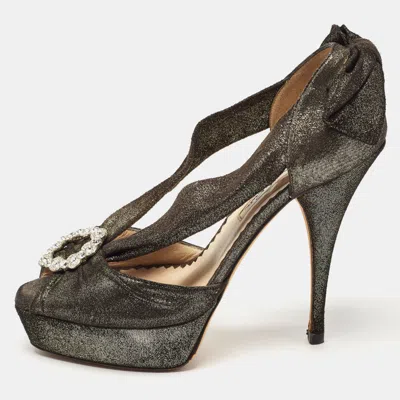Pre-owned Oscar De La Renta Metallic Texture Suede Crystal Embellished Cutout Pumps Size 37