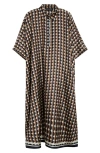 Oscar De La Renta Mini Geo Print Silk Caftan Dress In Khaki/ivory