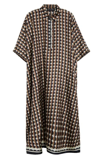 Oscar De La Renta Mini Geo Print Silk Caftan Dress In Khaki/ivory