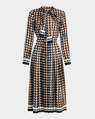 Oscar De La Renta Mini Geo Silk Twill Neck-tie Long-sleeve Midi Dress In Khaki