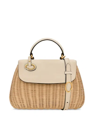Oscar De La Renta Mini Poppy In Wicker Leather-trim Tote Bag In Neutral