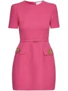 Oscar De La Renta Short-sleeve Rose-button Tweed Mini Day Dress With Belt In Rosa