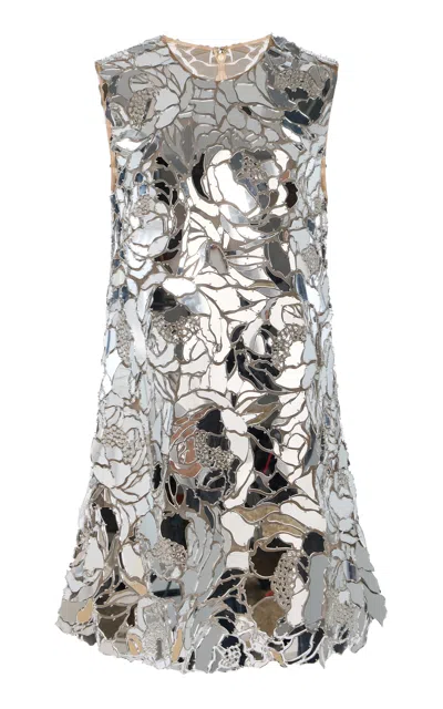 Oscar De La Renta Mirror-mosaic Tulle Mini Dress In Silver