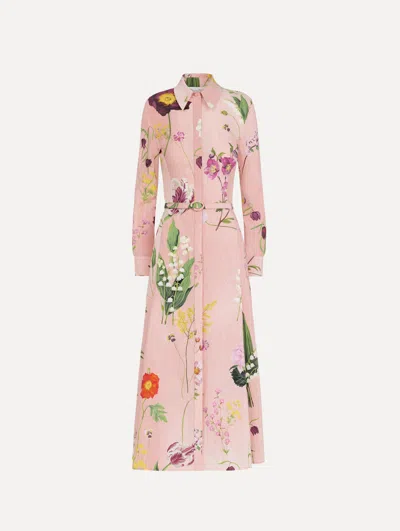 Oscar De La Renta Mixed Botanical Cotton Poplin Collared Dress In Pink