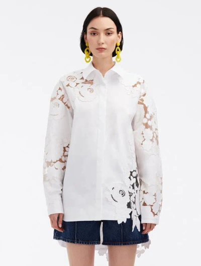 Oscar De La Renta Mixed Botanical Cotton Twill Blouse In White