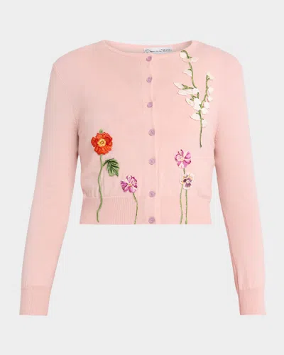 Oscar De La Renta Mixed Botanical Embroidered Crewneck Cardigan In Pink