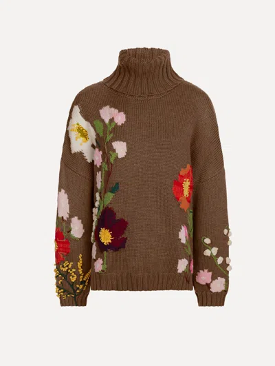 Oscar De La Renta Mixed Botanical Embroidered Oversized Pullover In Brown