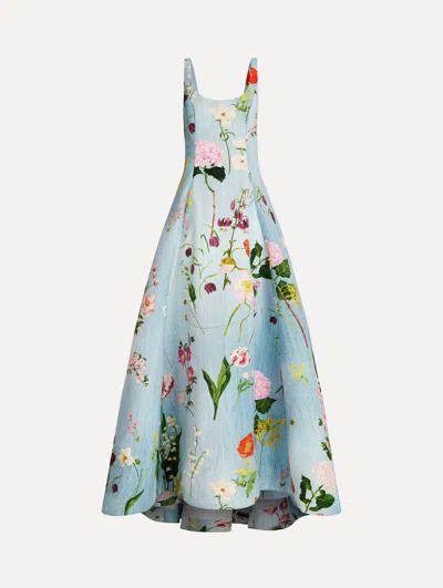 Oscar De La Renta Mixed Botanical Faille Gown In Blue