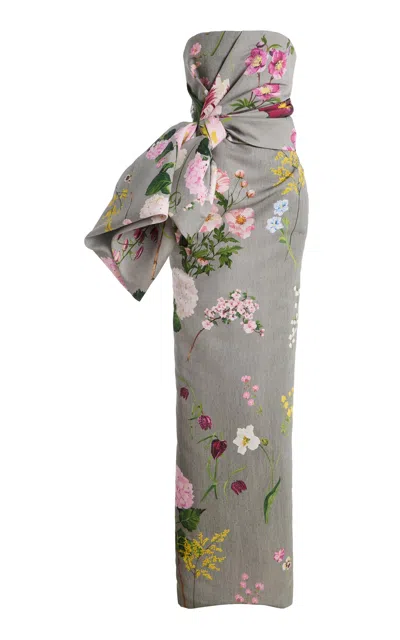 Oscar De La Renta Mixed Botanical Drape-detailed Faille Gown In Gray