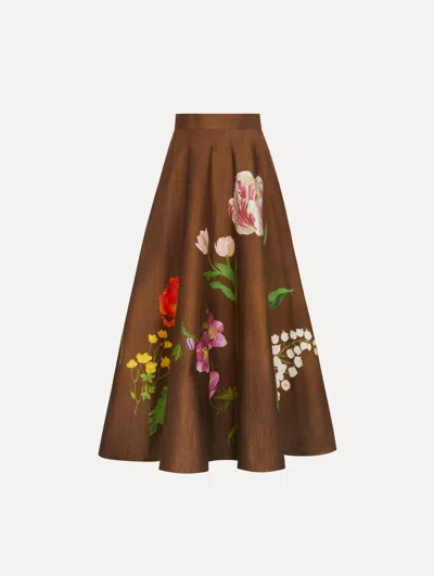 Oscar De La Renta Mixed Botanical Midi Skirt In Brown