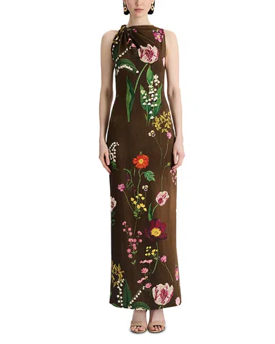 Oscar De La Renta Twisted Sleeveless Mixed Botanical Jersey Column Gown In Brown