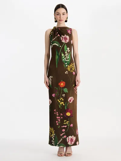 Oscar De La Renta Mixed Botanical Milano Jersey Dress In Brown