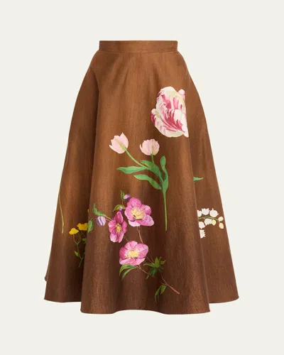 Oscar De La Renta Mixed Botanical Print Cotton Midi Skirt In Brown Multi