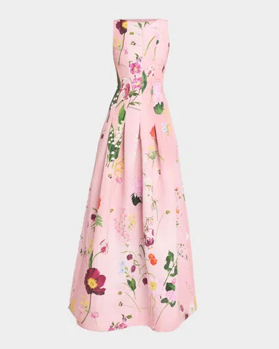 Oscar De La Renta Mixed Botanical Print Cotton Pleated Sleeveless Gown In Blue Multi