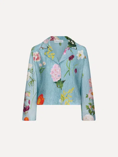 Oscar De La Renta Mixed Botanical Silk Twill Blouse In Blue