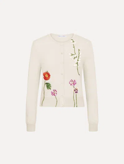 Oscar De La Renta Mixed Botanical Threadwork Cardigan In White