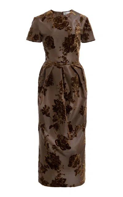 Oscar De La Renta Velvet-trimmed Cotton-blend Midi Dress In Brown