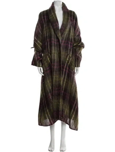 Pre-owned Oscar De La Renta Mohair Plaid Print Fur Coat In Green