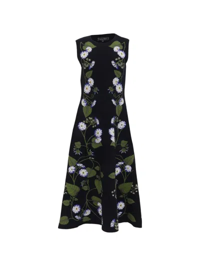 Pre-owned Oscar De La Renta Morning Glory Midi Dress In Black