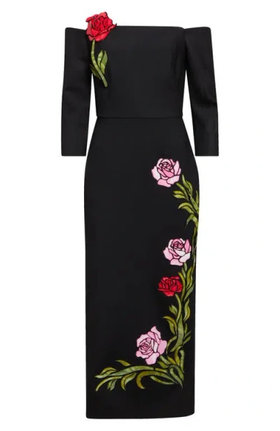 Oscar De La Renta Mosaic Rose Embroidered Off The Shoulder Midi Dress In Black