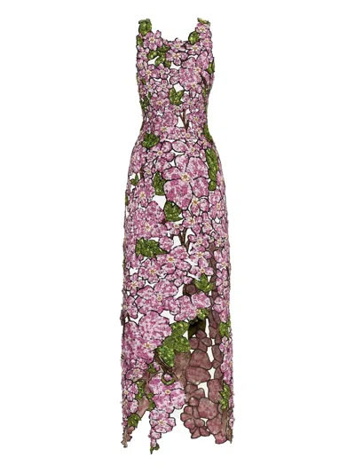 OSCAR DE LA RENTA MOSAIC SEQUIN-FLORAL EMBROIDERED MIDI DRESS