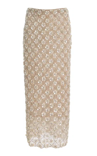 Oscar De La Renta Mother Of Pearl-embellished Tulle Midi Skirt In Neutral
