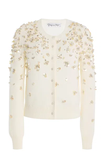 Oscar De La Renta Mother Of Pearl-embellished Wool Cardigan