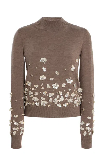 Oscar De La Renta Mother Of Pearl-embellished Wool Sweater In Brown