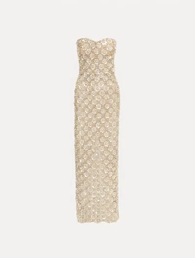 Oscar De La Renta Mother Of Pearl Embroidered Column Gown In Silver