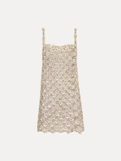 OSCAR DE LA RENTA MOTHER OF PEARL EMBROIDERED SHIFT DRESS