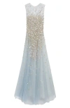 Oscar De La Renta Mother Of Pearl Embroidered Sleeveless Tulle Gown In Blue