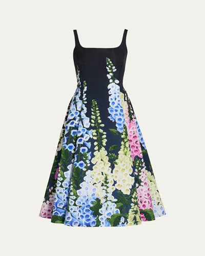 OSCAR DE LA RENTA MULTI FOXGLOVE DEGRADE PRINTED FAILLE MIDI COCKTAIL DRESS