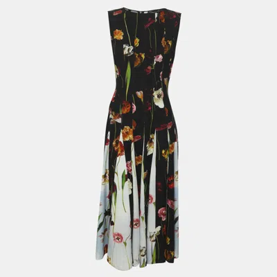Pre-owned Oscar De La Renta Multicolor Floral Contrast Inset Pleated Crepe Midi Dress S